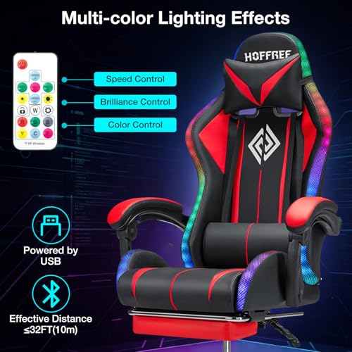 Image of HOFFREE Gaming Chair Massage with LED RGB Lights and Footrest Ergonomic Computer Chair High Back Video Game Chair with Adjustable Lumbar Support Linkage Armrest Red and Black