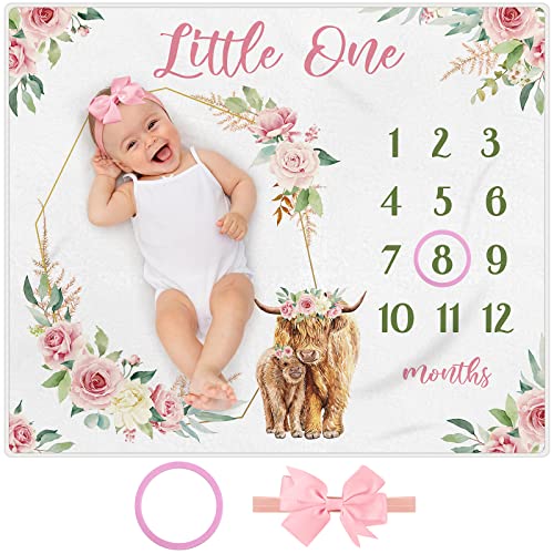 Image of Mixweer Cow Baby Monthly Milestone Blanket for Girl Boy 47" x 40'' Baby Cow Milestone Blankets Soft Fleece Photography Background Newborn Growth Chart with Bow Headband and Felt Circle(Pink)