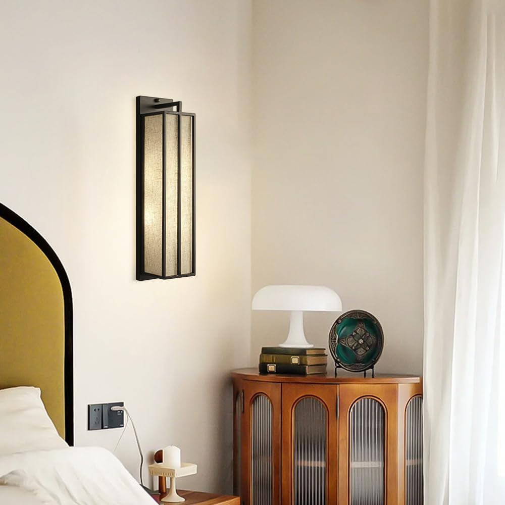 Lampa ścienna, prostokątna lampa stojąca, wewnętrzna lampa nocna, vintage przemysłowa czarna metalowa tkanina tekstylna, lampa z tkaniny do wnętrz, kabel