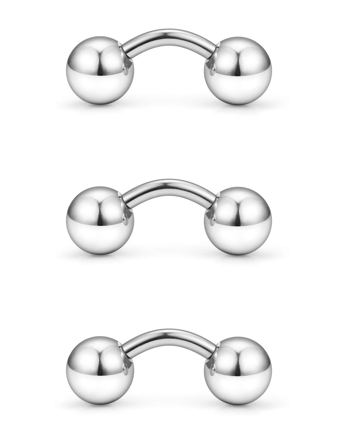 YaalozeiYaalozei 3PCS 14G Stainless Steel Externally Threaded Curved Barbell Tragus Ring Cartilage Jewelry w 6mm 8mm 10mm Big Balls