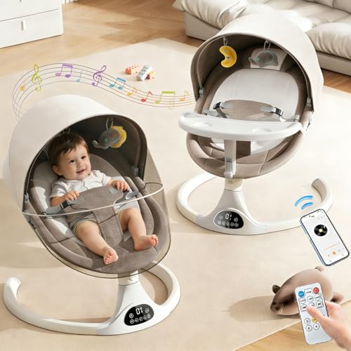 Baby Swing with Remote Control Electric Rocking Chair Baby Sleeping Cradle - Bluetooth Music Player 5 Speed Swing 3 Timer Settings with Detachable Feeding TrayMosquito Net (Brown)