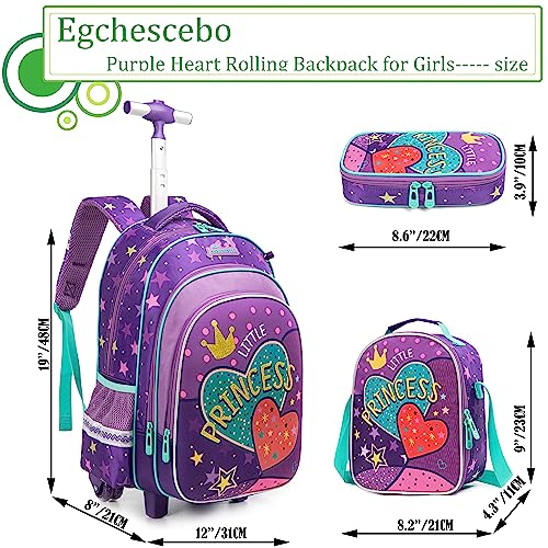 Egchescebo Kids Love Hearts Rolling Backpack for Girls 17" Suitcases Trolley Backpacks with Wheels 3PCS Luggage Backpacks Wheels with Lunch Box Pencil Case for Elementary Girl Travel School Bag Purple2