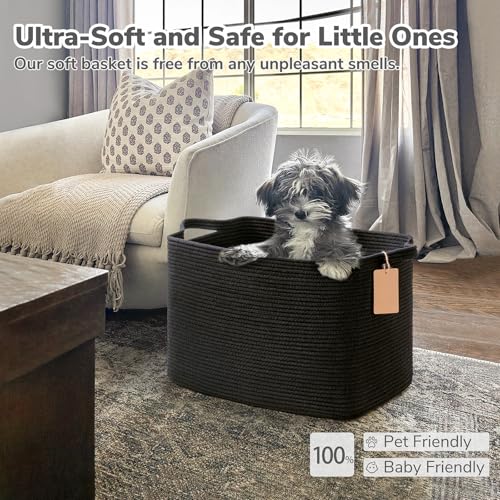 Image of Goodpick 50L Large Woven Rope Storage Basket with Handles, Black | 18 inch x 14 inch x 12 inch Stylish Gift Basket for Living Room & Nursery Organization, Fits Blankets, Toys & Home Essentials Storage