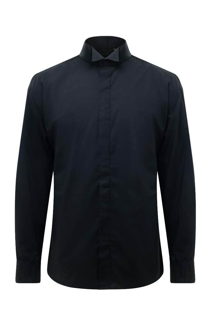 Dobell Mens Black Dress Shirt Regular Fit Wing Collar Plain Fly Front Double Cuff-17.5