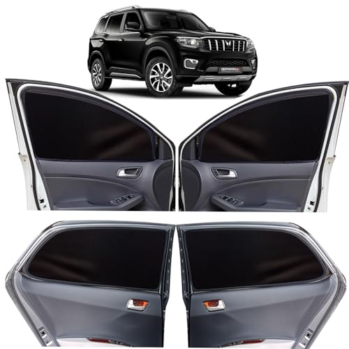 Image of OTO2EYE Car Sun Shade Compatible for Mahindra Scorpio N Model-2022 to 2025, Z-Black Super Magnetic Grip, Front Window Zipper, Side Window Curtains, 6 Pieces Set