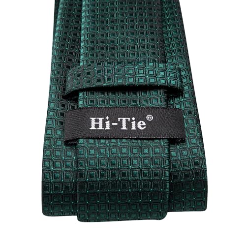Image of Hi-Tie Mens Plaid Ties Classic Paisley Necktie with Handkerchief Cufflinks Set Business Stripe Tie,Dark Green