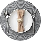 Baroyal Round Placemats Set of 6 Plastic Woven Placemats Washable Wipeable Table Mats for Dining Table Heat Resistant Non-Slip Circle Place Mats (Gray)