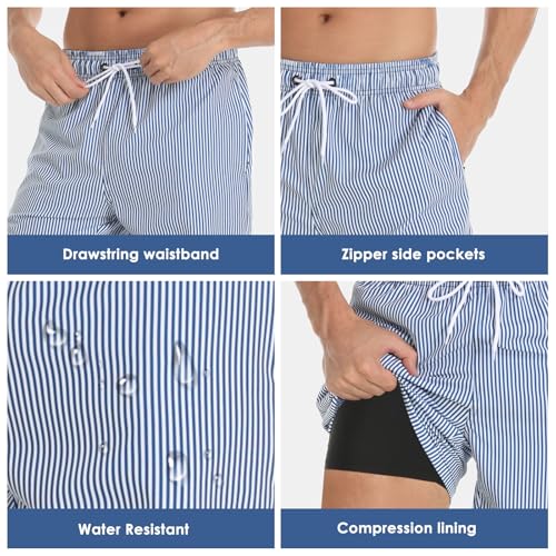 Image of Mens Swim Trunks Compression Liner No Mesh Swimming Trunks Men Swimwear Quick Dry Above Knee Zipper Pocket Swim Shorts