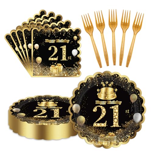 60 Pcs 21st Birthday Decorations Black gold Paper Plates and Napkins Forks Party Tableware for Men Women Birthday Party Decorations Serve 20