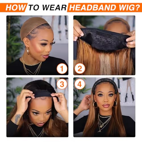 Image of Aiterina Straight Headband Wig Human Hair 4 /27 Highlight Headband Wigs for Black Women Machine Made Human Hair Wig 150% Density 4 /27 Highlight Wig 16 Inch