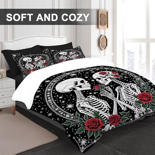 Image of Skull Roses Comforter Set Twin Size Gothic Bedding Set for Kids Adults Women, Skeleton Bones Vintage Flower Rose Quilt Bedroom Decor 1 Comforter 1 Pillowcase