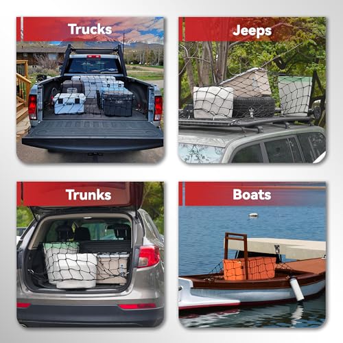 Reniteco 3\'x 4\' Cargo Net for Pickup Truck Bed Stretches to 6\'x 8\', Small 4\" x 4\" Mesh, Heavy Duty Bungee Cargo Net with 12 Metal Carabiners and Storage Bag