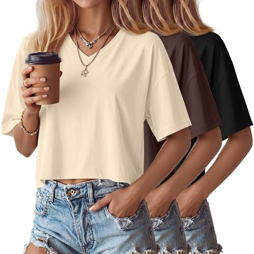 Ficerd 3 Pack Women's V Neck Crop Tops Half Sleeve Drop Shoulder Basics Cropped Top Boxy Tees for Girls(Black, Brown, Cream,L)