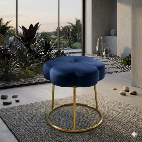 Image of Flower Ottoman Foot Stool for Bedroom and Living Room, Round Makeup Vanity Chair with Metal Legs and Soft Padded Seat-Blue