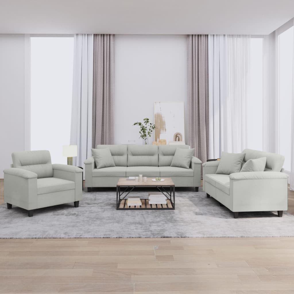 Sofa-Set, 3-teilig, hellgrau mit Kissen