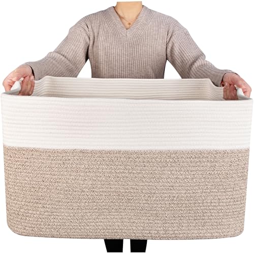 MINTWOOD Design 22in Extra Large Blanket Basket Holder Living Room, Rectangle Rope Woven Storage Basket with Handles for Laundry, Pool Towels, and Shoes, Dog Toy Organizer Bin Box, Light Brown