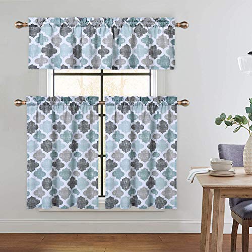 Caromio 36 Inch Kitchen Curtains, Quatrefoil Trellis Printed Cotton Blend Tier Curtains For Kitchen Short Cafe Curtains Bathroom Window Curtains, Aqua/Mint/Grey #TOP6