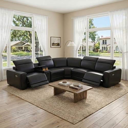 Image of Power Recliner Sectional Sofa, L-Shaped Living Room Furniture Set, Reclining Sectional Couch with Storage Console /Cup Holder for Living Room /House /Apt (Black, 5 Seater)