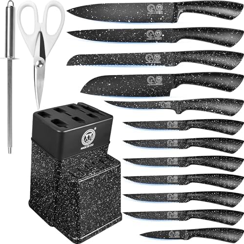 XYJ Authentic Since 1986,Knife Block Set,Kitchen Knives Set with Holder,Professional Japanese Chef Knife Set,Carving Slicing Paring Bread Knife,Steak Knives,Black Color