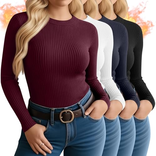 Velvelhall 4 Pack Women's Plus Size Long Sleeve Thermal Shirts Cotton Crew Neck Fleece Lined Tops Slim Fit Winter Undershirt(Black, Navy Blue, White, Fuchsia,X-Large)
