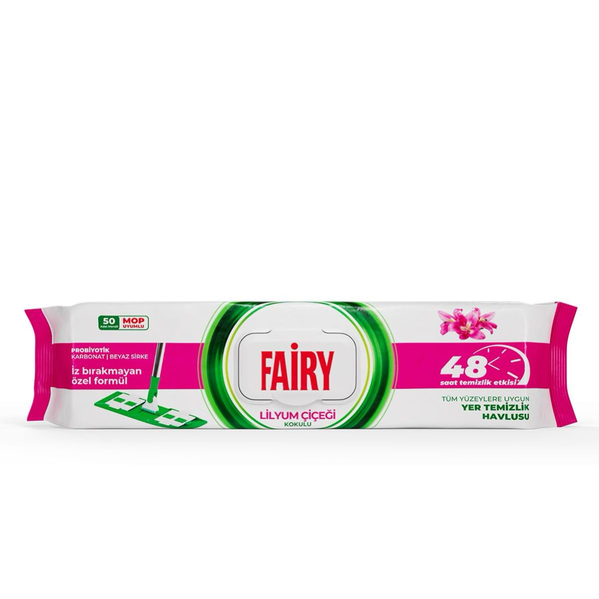Fairy Çok Amaçlı Mop Uyumlu Yer Temizlik Havlusu 50 Yaprak | Lilyum Çiçeği| Beyaz Sirke & Karbonat | 48 Saat Temizlik Etkili | İz Bırakmayan Formül
