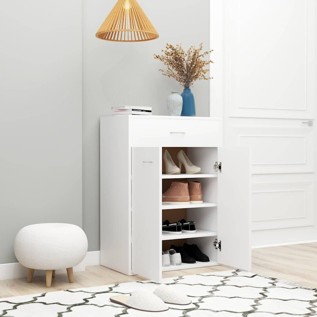 Szafka na buty, biała, materiał drewnopochodny z 4 półkami, szufladą, 2 drzwiami, 60 x 35 x 84 cm, wąski stojak na buty, zamknięta półka na buty, organizer do przedpokoju i sypialni