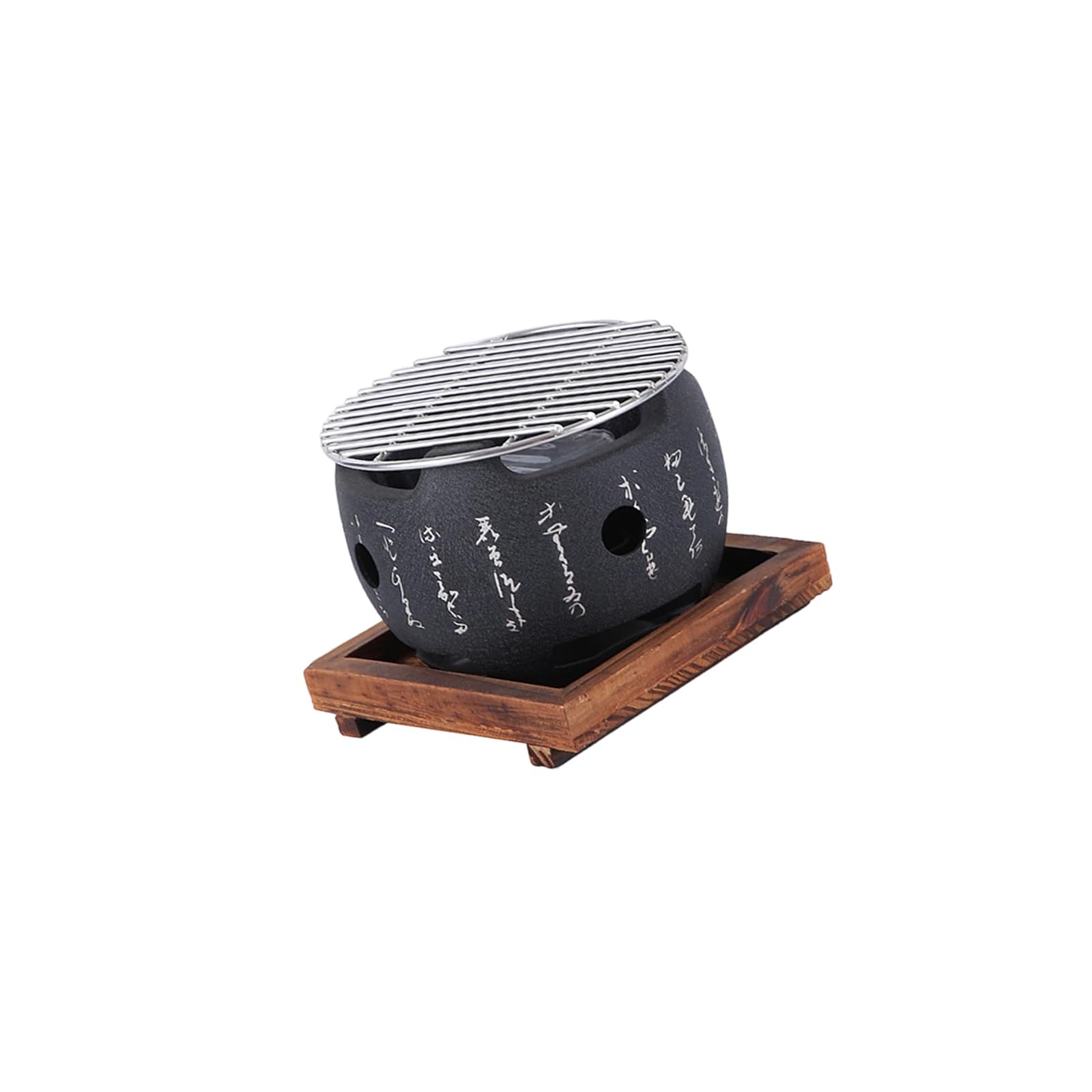 hogtnd Japanese Style Engraved Aluminium BBQ Grills with Stainless Steel Grill Grids and Heat-resistant Wooden Base Simple Barbecue Equipment