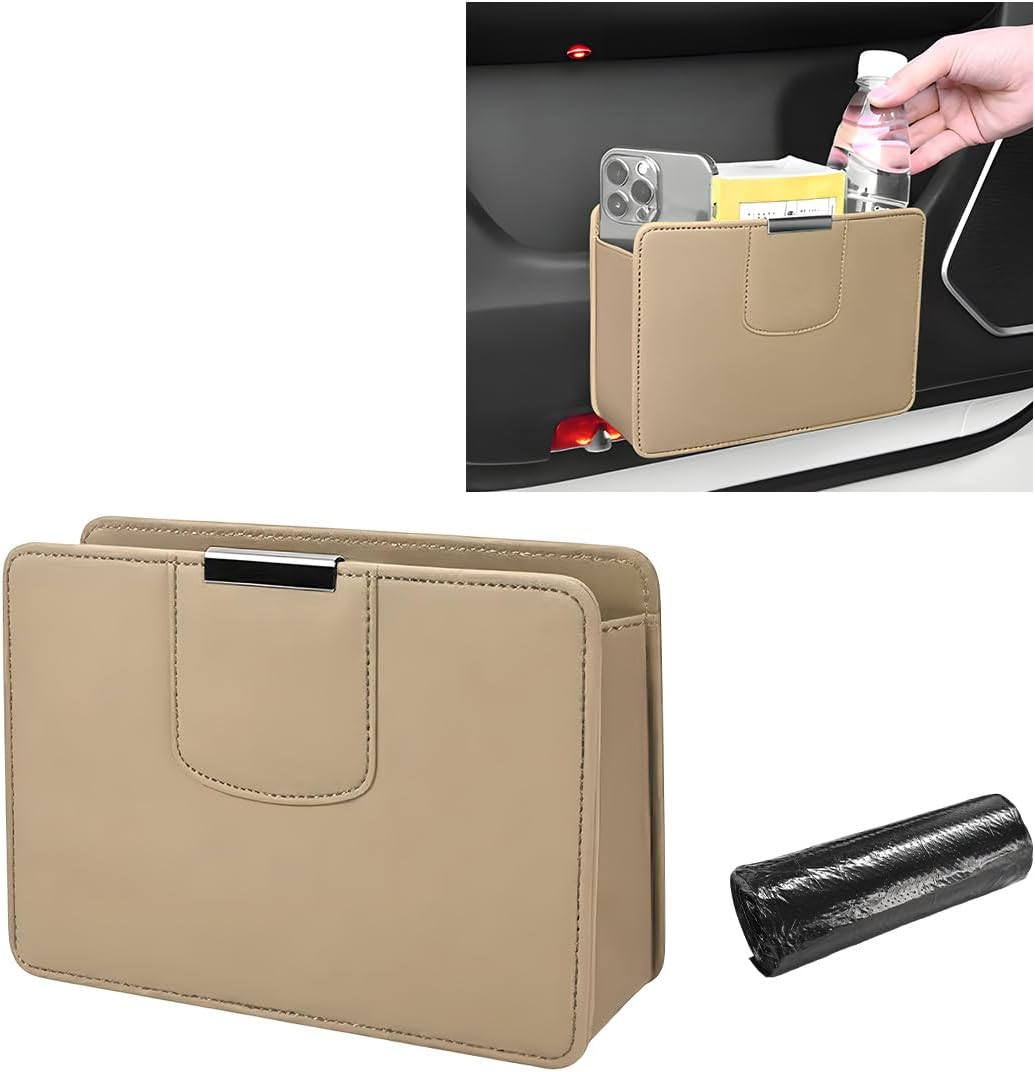Car Trash Can, Leather Magentic Vehicle Garbage Organizer with One Roll Trash Bag, Foldable Waterproof Dustbin Litter Container Mini Sotrage Bag for Car Truck SUV (Beige)
