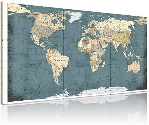 WELMECO Large 3 Pieces Vintage Blue Map of The World Canvas Prints Retro Detailed Push Pins World Travel Map Canvas Art Living Room Office Decoration (Rustic)