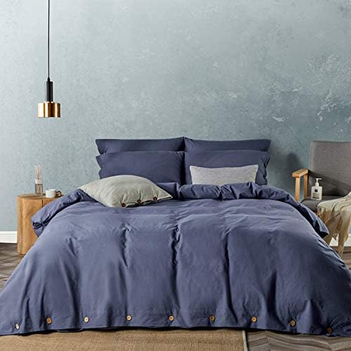 JELLYMONI Denim Blue 100% Washed Cotton Duvet Cover Set, 3 Pieces Luxury Soft Bedding Set with Buttons Closure. Solid Color Pattern Duvet Cover King Size(No Comforter)