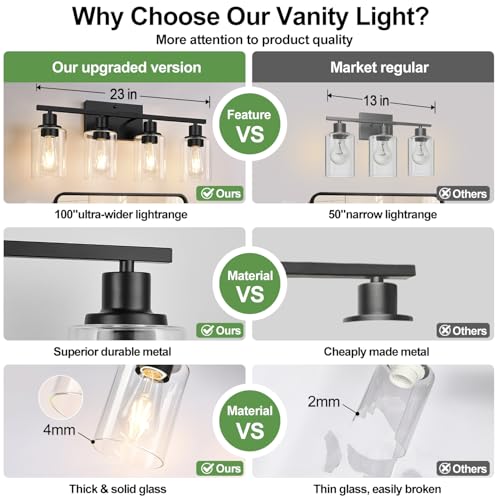 Image of Indoi 4-Light Bathroom Light Fixtures, Matte Black Modern Vanity Lights with Clear Glass Shades, Bathroom Wall Lamp for Mirror Living Room Cabinet Bedroom Porch