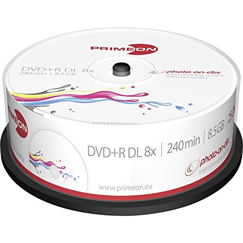 Primeon 2761252 DVD en Blanco 8,5 GB DVD+R DL 25 Pieza(s) - DVD+RW vírgenes (8,5 GB, DVD+R DL, 25 Pieza(s), 240 min, Caja para Pastel)