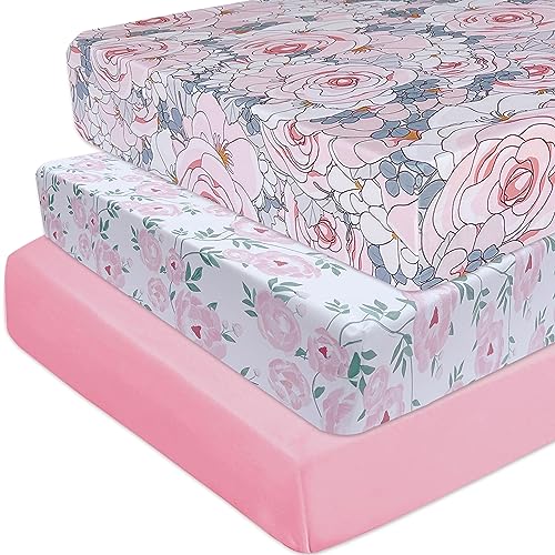 Image of AMROSE 3 Pack Soft Floral Crib Sheets for Baby Girls, 28'' X 52'' Fitted Crib Sheets for Crib and Toddler Mattress Pad, Silk Touch Gentle Breathable Microfiber, Watercolor Floral