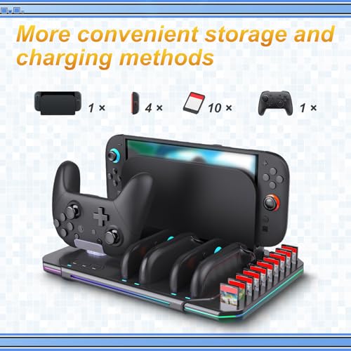 Base de carga magnética Switch2, soporte con 4 controladores, base de carga, ventilador, 9 modos RGB, 10 ranuras para tarjetas, soporte para controlador - imagen 3