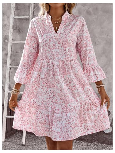 SOLY HUX Women's Summer Floral Smocked Dresses V Neck 3/4 Sleeve Flowy Boho Beach Short Dress4