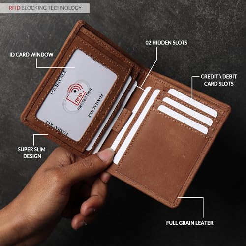 Slim Bifold Leather Wallet for Men with Secret Hidden Pocket and Coin Pocket, RFID Blocking Men’s Wallet with Separate Bill Section(Hunter Tan)2