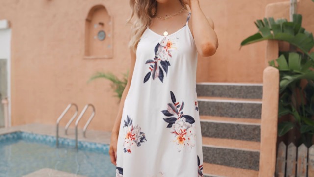 Vestido Playa Mujer Vestido De Verano FANCYINN - Tirantes Finos Y Cuello V (Estampado Floral) Vestidos Con Tirantes