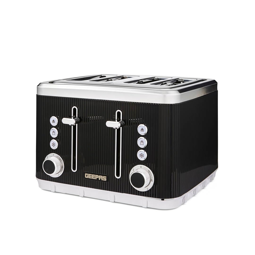 GEEPAS Arcus 4 Slice Toaster | 7 Browning Levels Eject Defrost Reheat Function | For Thin Small Bread Slice Removable Crumb Tray High Lift Lever | Spa