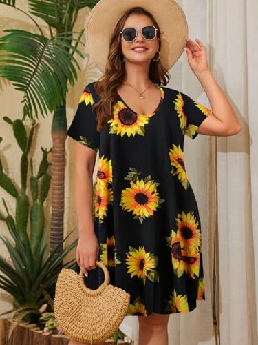 Image of ZENNILO Women's Plus Size Swing Dress with Pockets Casual Summer Dresses V Neck Short Sleeve T Shirt Dress for Women
