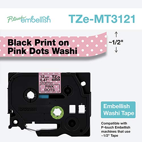 Image of Brother P-Touch Embellish Black Print on Pink Dots Washi Tape TZeMT3121 - ~~ inch Wide x 13.1' Long for use with P-Touch Embellish Ribbon & Tape Printer