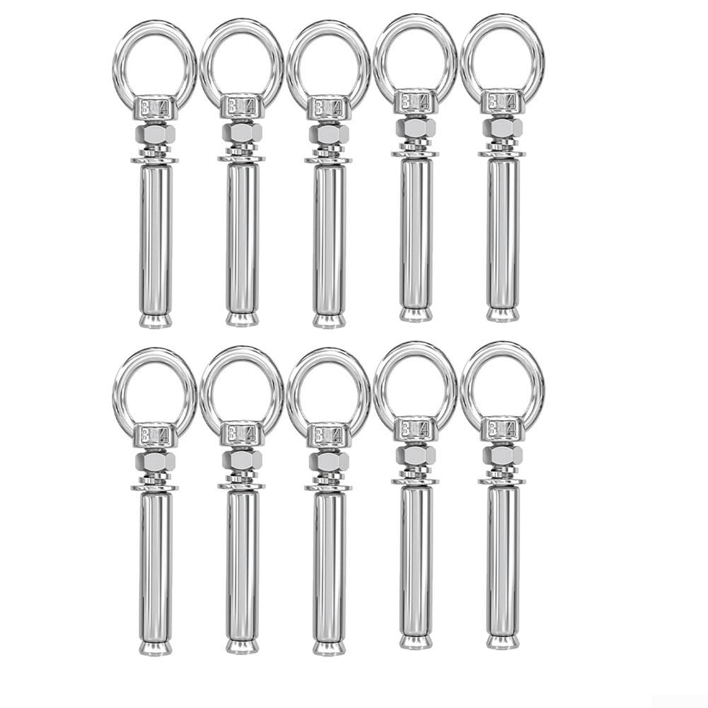 10 pernos de expansión de acero inoxidable 304 con anillos, anclajes de pared, tornillos de ojo para hormigón, mampostería, ladrillo, kit de suspensión resistente, plateado, 50 mm a 150 mm de longitud
