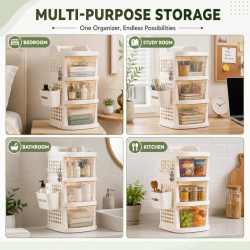 Image of Homeor 3 Tier Plastic Storage Drawer Cabinet with Wheels, Modular Chest of Drawers Organizer with Side Basket & Handle, Storage Trolley Rack for Home, Kitchen, Bedroom, Kids Room (Ivory Transparent)