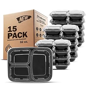 Freshware Meal Prep Containers [15 Pack] 3 Compartment with Lids, Food Containers, Lunch Box, Stackable, Bento Box, Microwave/Dishwasher Safe (32 oz)