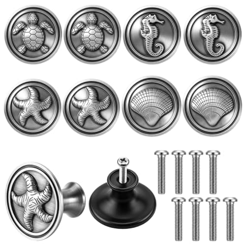 8 Pcs Nautical Cabinet Knob, Beach Ocean Drawer Pull Antique Brushed Pewter