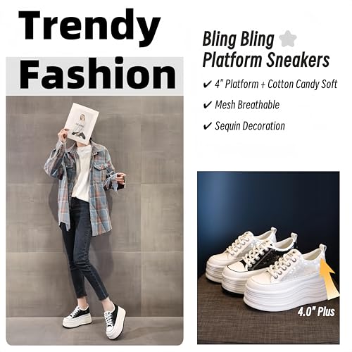 Women's Platform Sneakers - 4" Heel Lift, Candy Soft, Sequin Bling, Breathable Mesh for Light Sports & Casual Days2