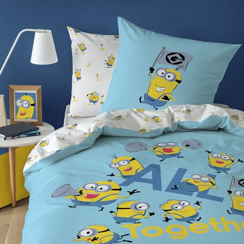 Parure Les Minions Fête | Chambre Enfant 1 Personne | 100% Coton | Oeko-TEX | Housse de Couette 140x200 cm + Taie d'oreiller 63x63 cm | Imprimé Réversible |...