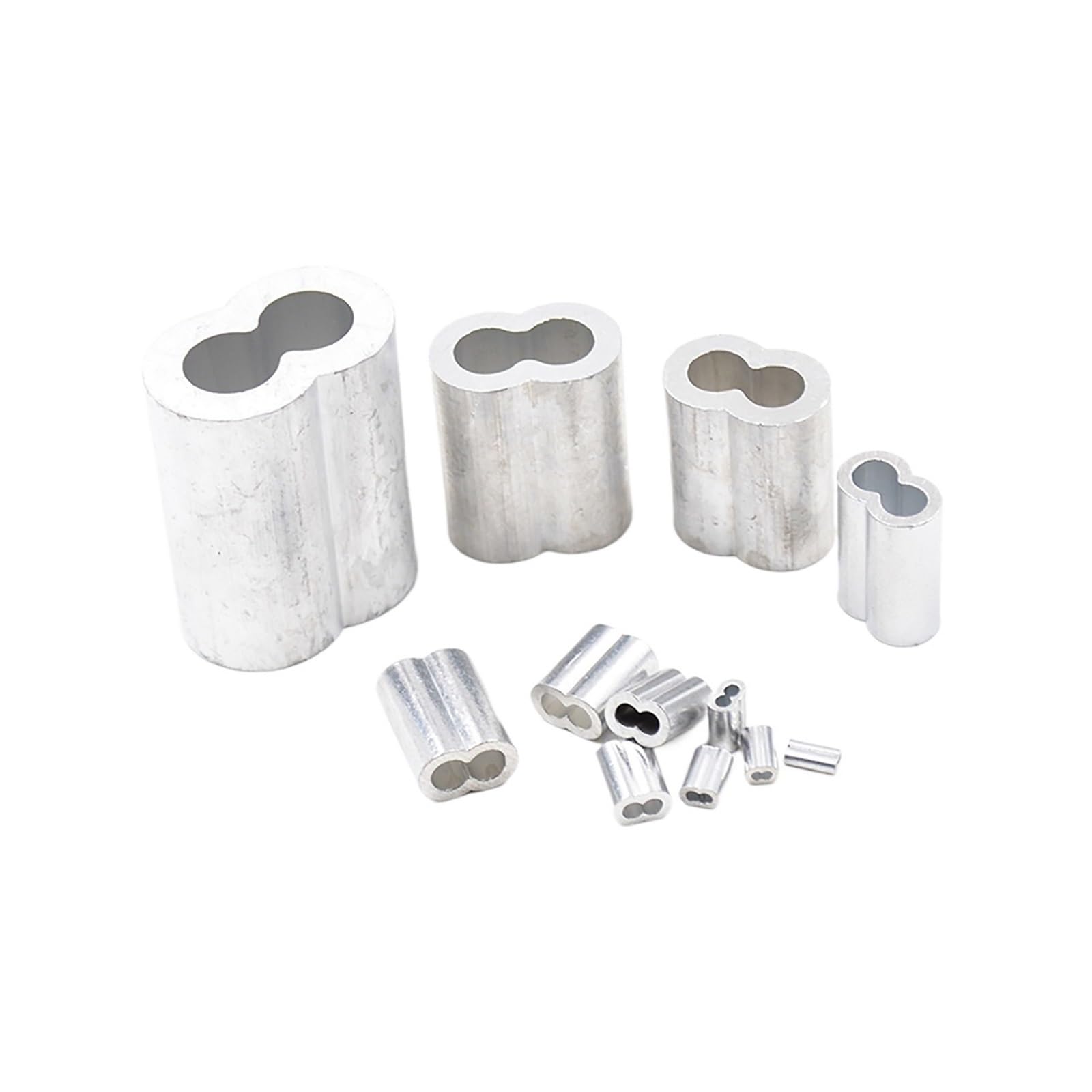 Clip con manicotto a crimpare in alluminio, Manicotti di fissaggio for cavi in ​​acciaio e alluminio, doppio foro, forma 8, argento, diverse misure(M12)