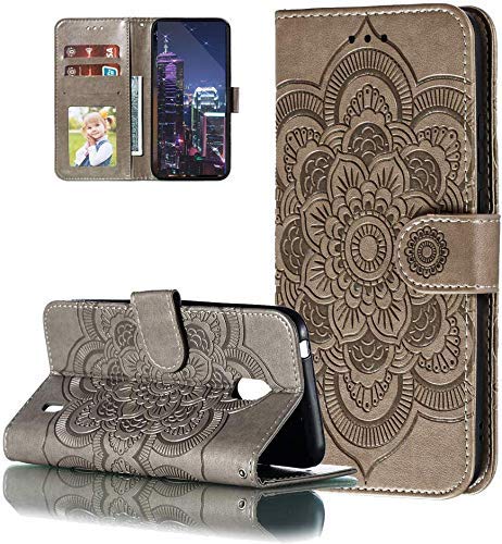 LEMAXELERS Nokia 1.3 Hülle,Für Nokia 1.3 Handyhülle Prägung Mandala-Blume Flip Case PU Leder Magnet Schutzhülle Tasche Ständer Handytasche für Nokia 1.3,LD Mandala Gray