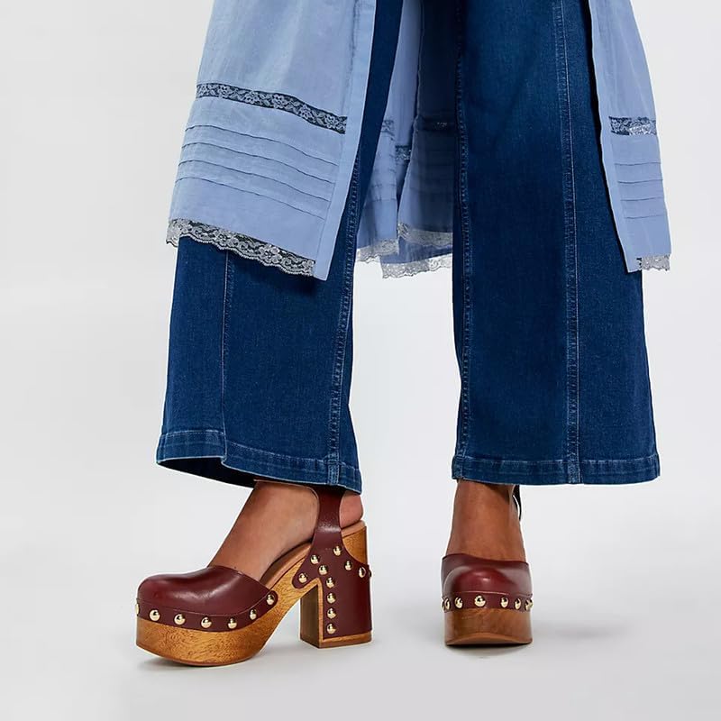 Platform Heeled Clogs for Women Studded Block Chunky Clogs with Ankle Strap Slingback Closed Toe Heels Outfit Daily Dress Shoes