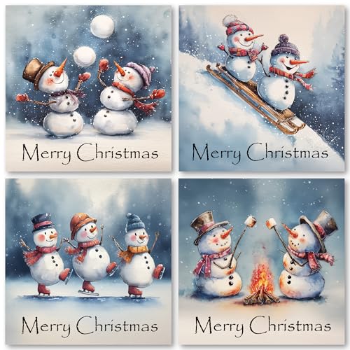 Charity Christmas Cards Pack of 32. Each Christmas Card multipack has 4 different Fun Snowmen designs. Ecofriendly and UK made. Verse Inside. 115 x 115mm card size.